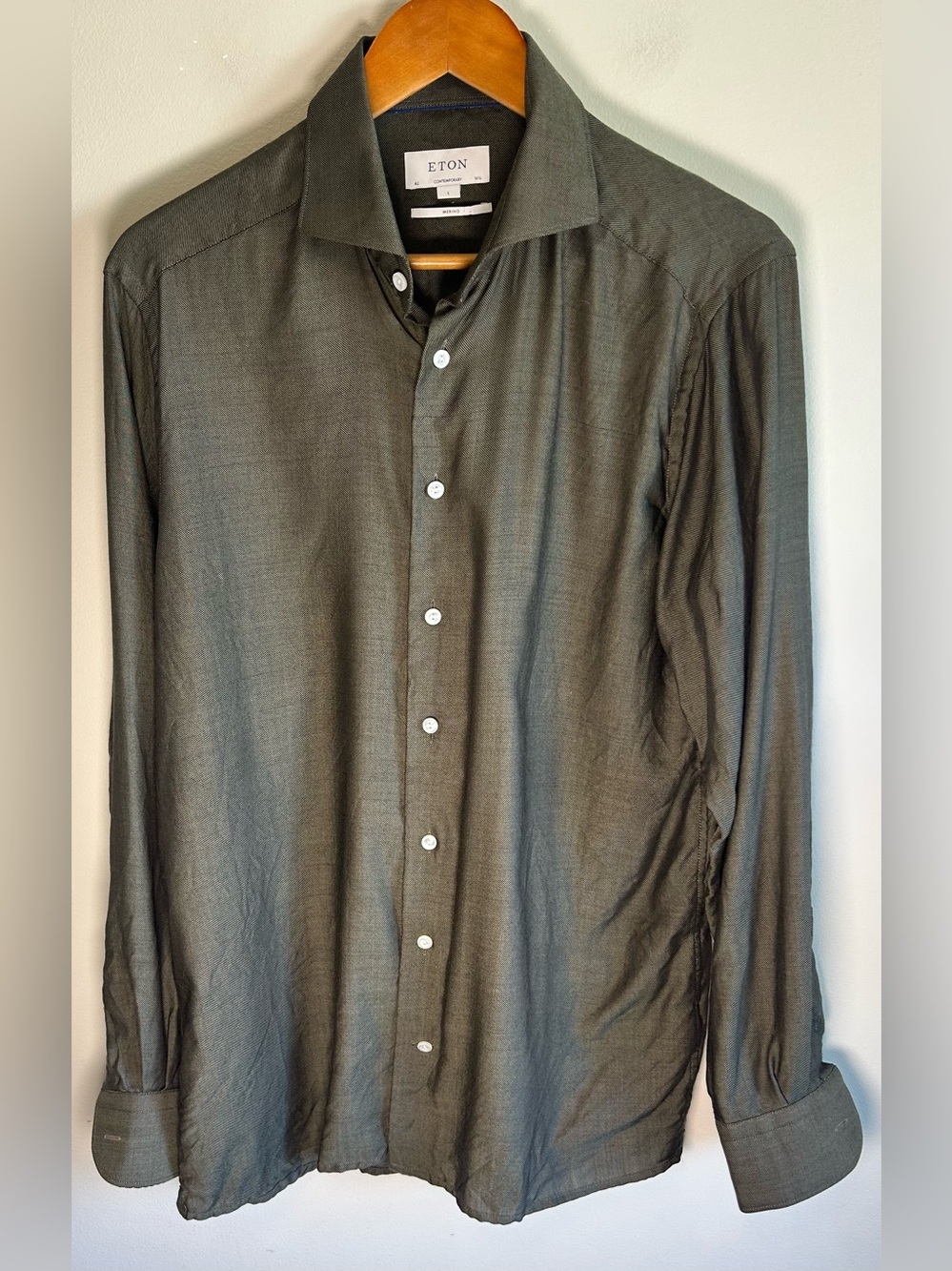Eton Dress Shirt Men’s Size L 16 1/2 - 42 Green Merino Wool Contemporary Fit